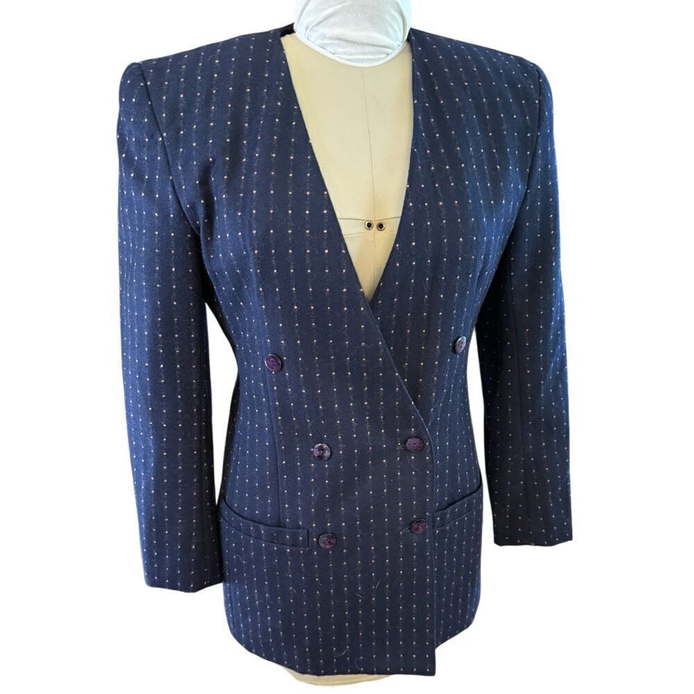 Alfred Sung Vintage Double Breasted Blazer Navy Blue Pure Virgin Wool Sz. 6